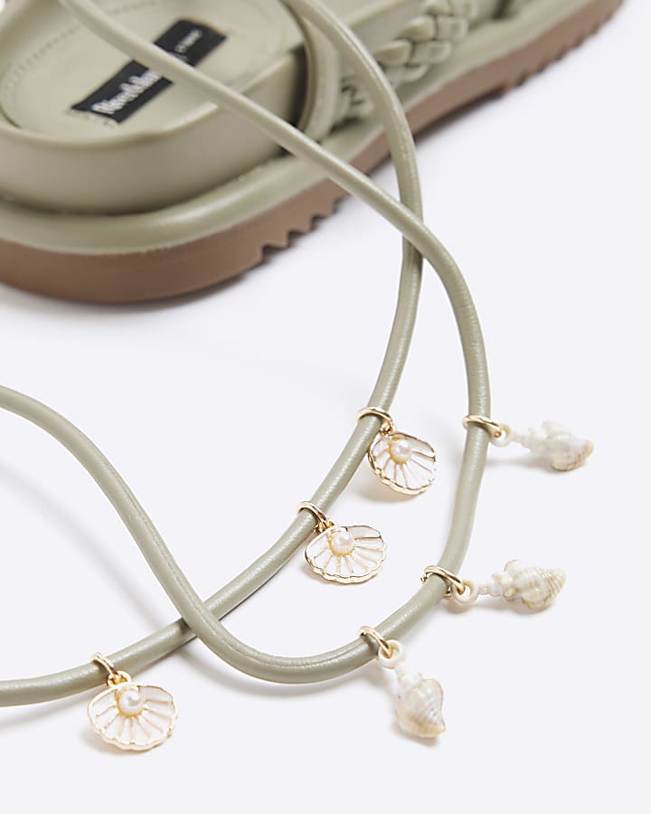 river island Green shell detail lace up sandals