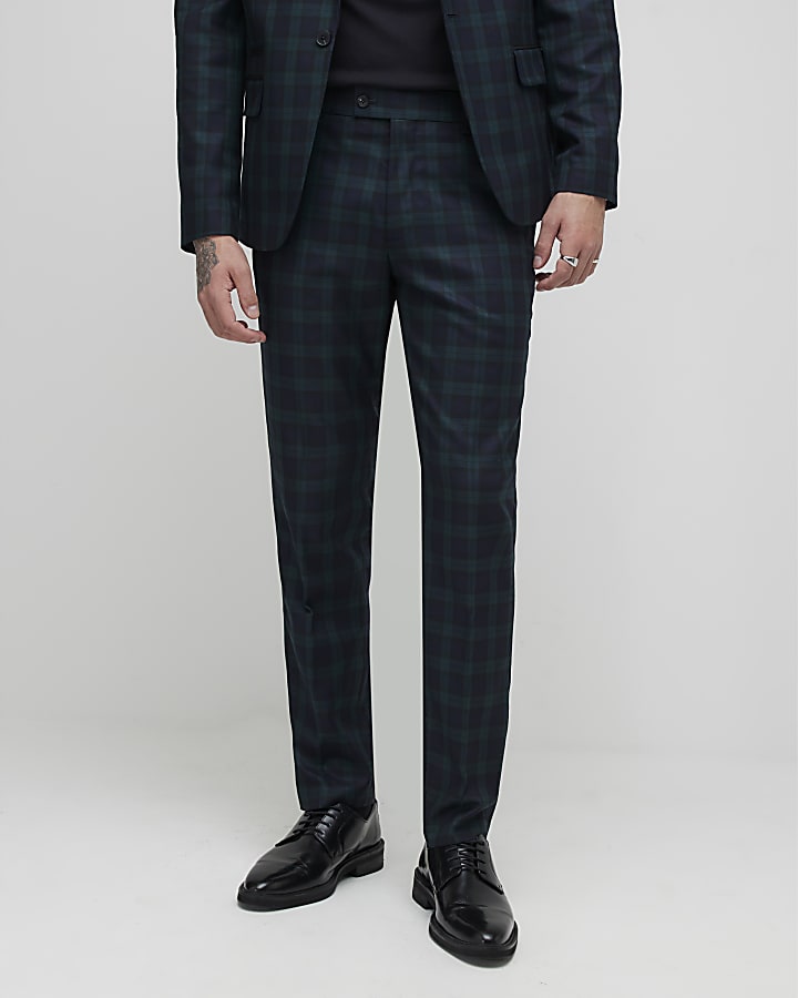 River Island Green Slim Fit Check Suit Trousers