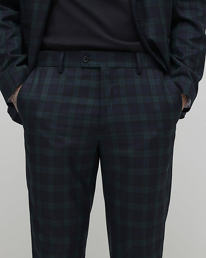 River Island Green Slim Fit Check Suit Trousers