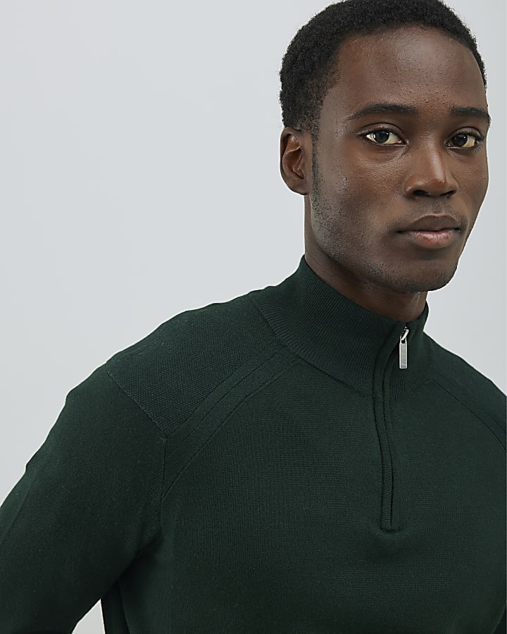 River Island Green Slim Fit Half Zip Jumper