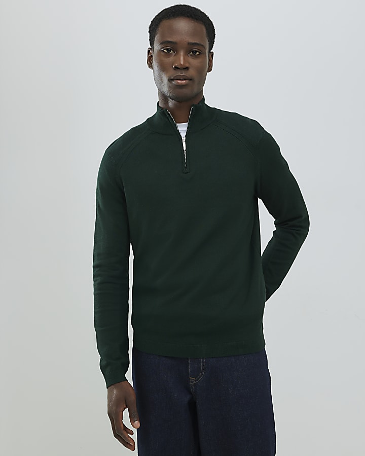 River Island Green Slim Fit Half Zip Jumper