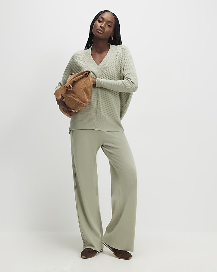 River Island Green V Neck Ribbed Jumper