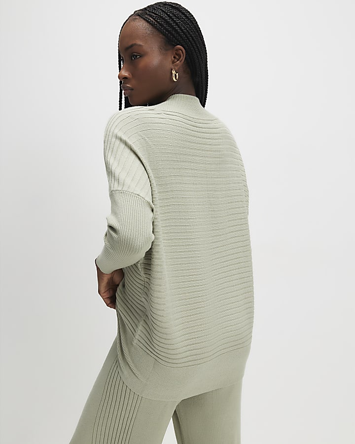 River Island Green V Neck Ribbed Jumper