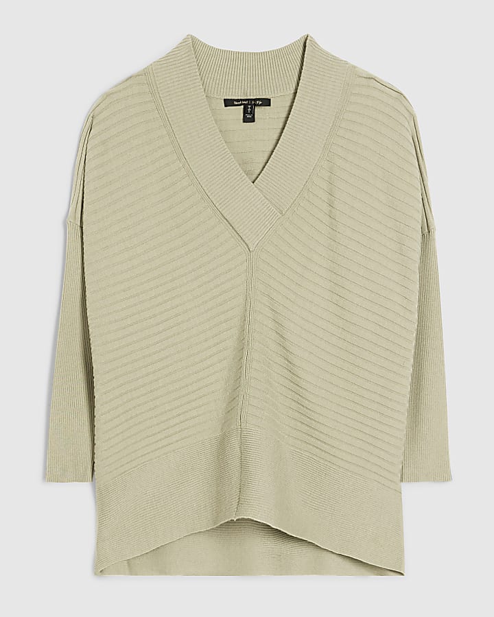 river island Green V Neck Ribbed Jumper