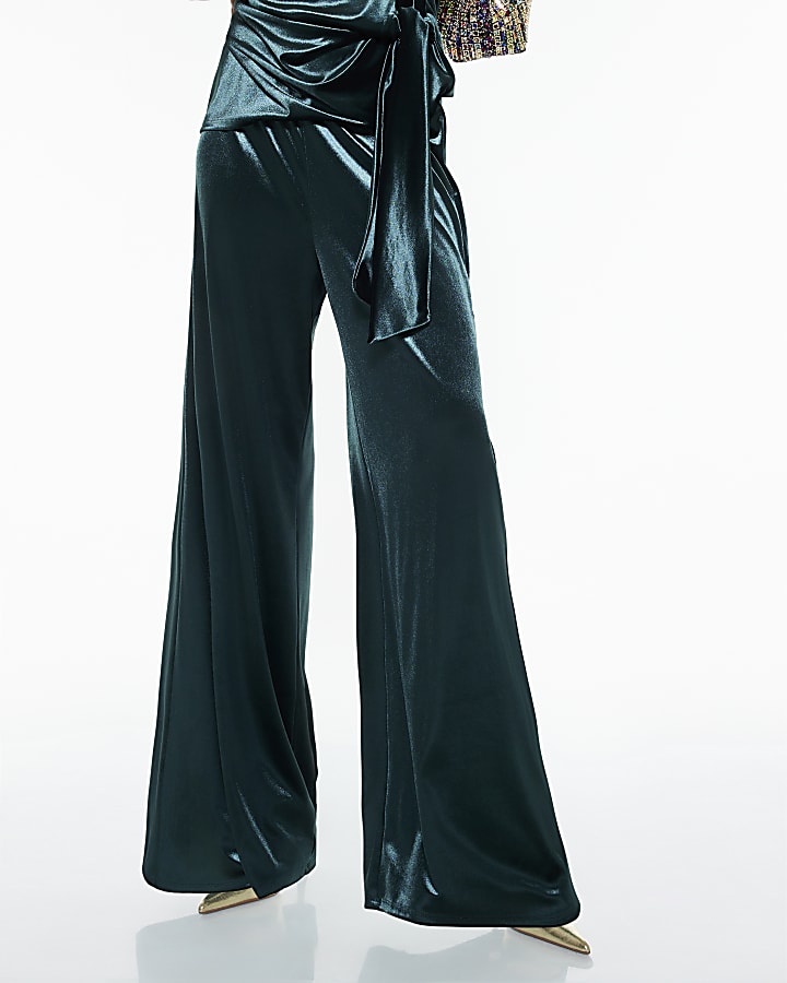 River Island Green Velvet Wide Leg Joggers