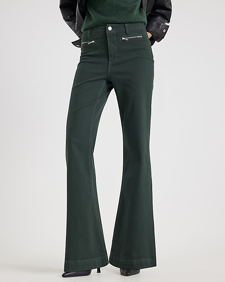 River Island Green Zip Front Relaxed Flare Jeans