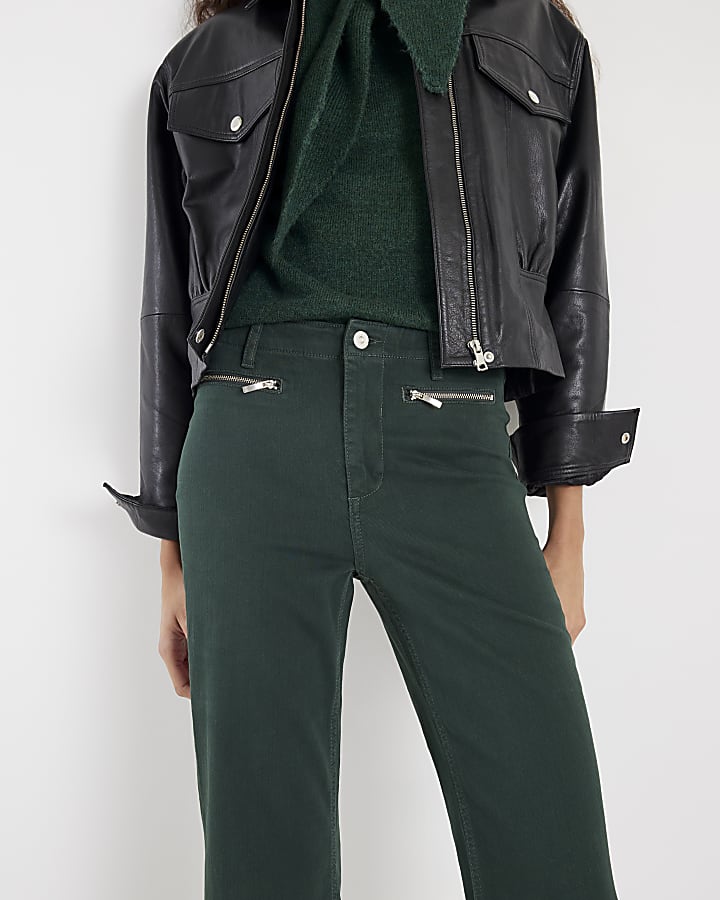 River Island Green Zip Front Relaxed Flare Jeans