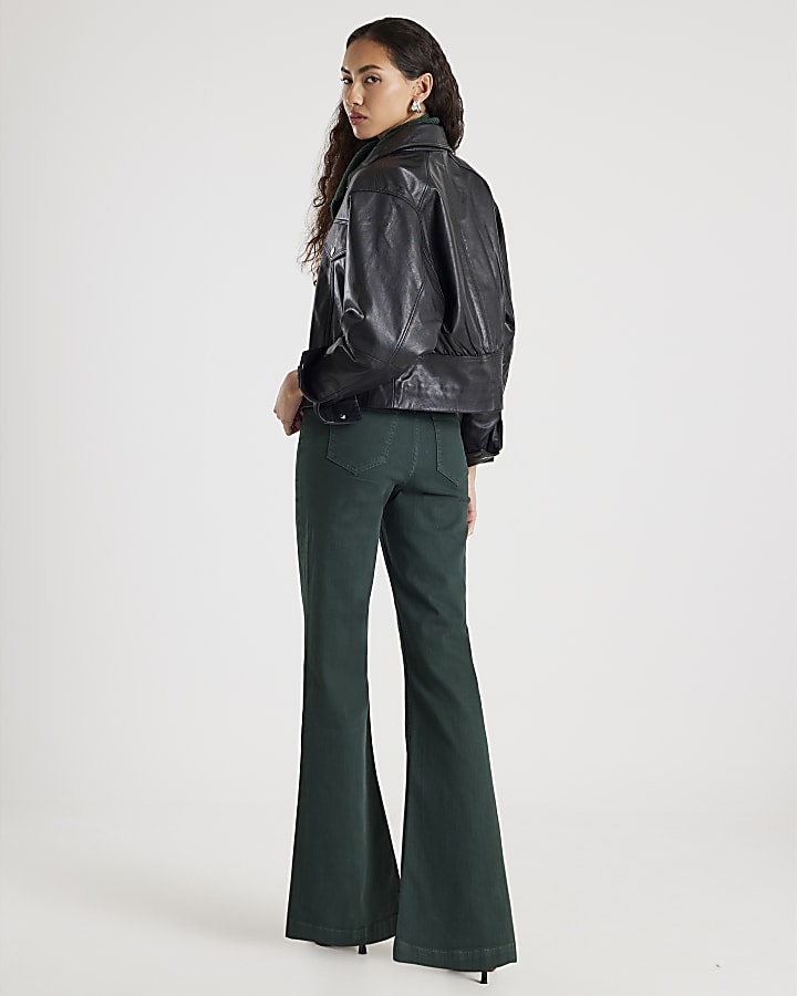 River Island Green Zip Front Relaxed Flare Jeans