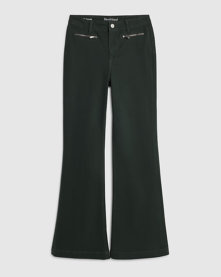river island Green Zip Front Relaxed Flare Jeans