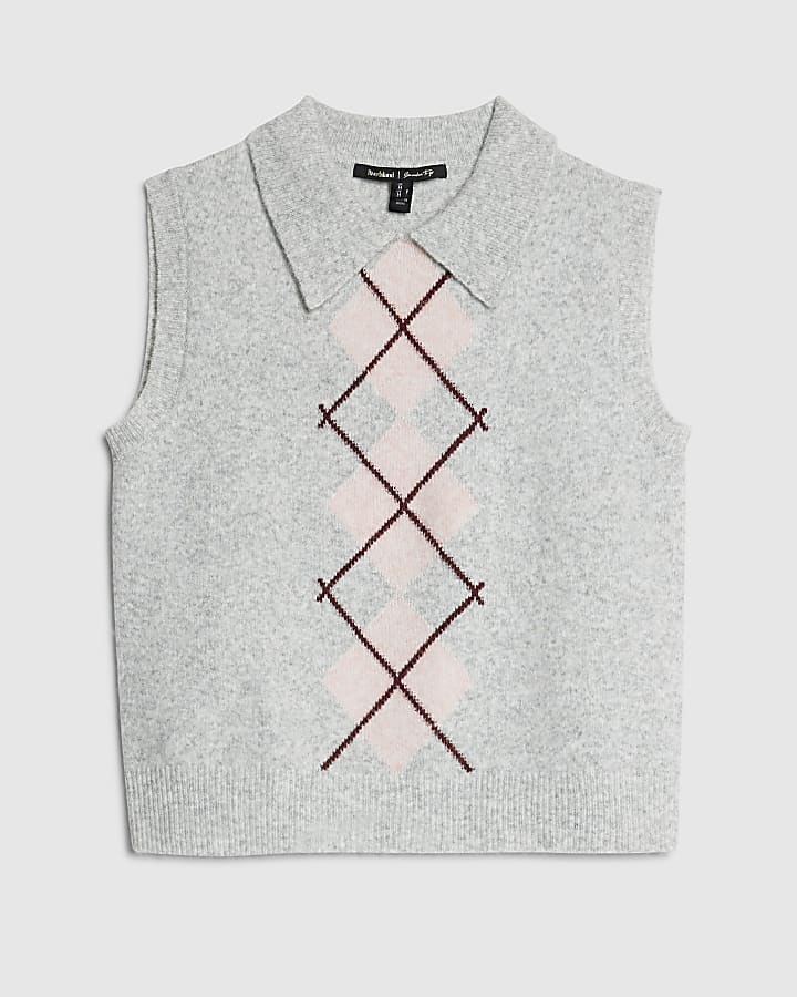 river island Grey Argyle Print Polo Tank Top