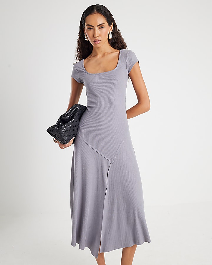 River Island Grey Asymmetric Hem Midi Dress
