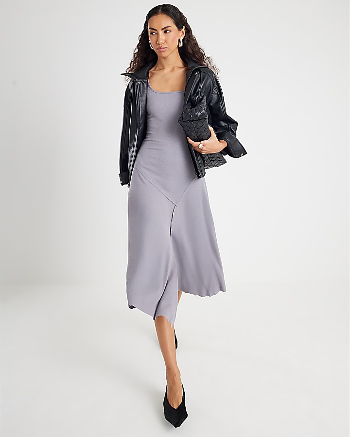 River Island Grey Asymmetric Hem Midi Dress