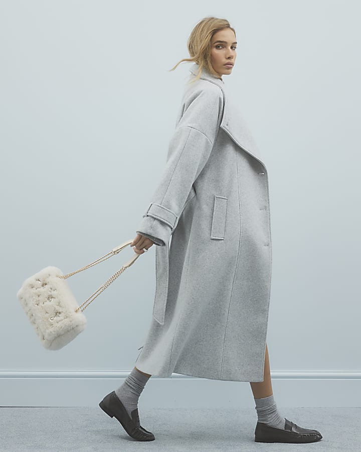 River Island Grey Batwing Collar Belted Coat