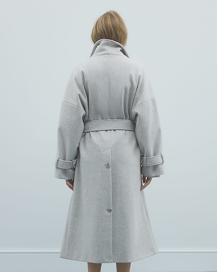 River Island Grey Batwing Collar Belted Coat