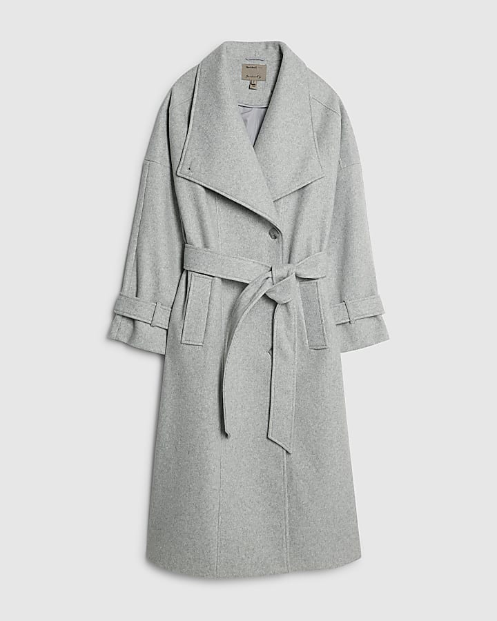 river island Grey Batwing Collar Belted Coat