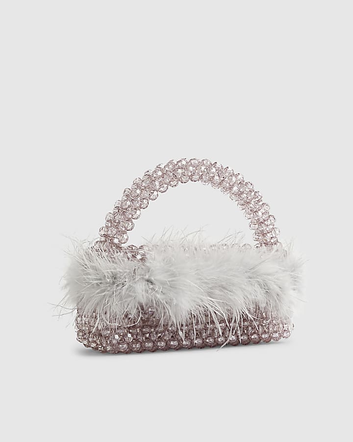 River Island Grey Beaded Feather Trim Clutch Bag