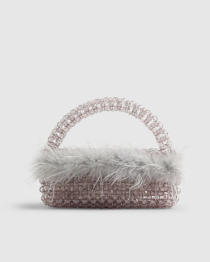 River Island Grey Beaded Feather Trim Clutch Bag