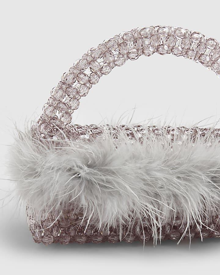 River Island Grey Beaded Feather Trim Clutch Bag
