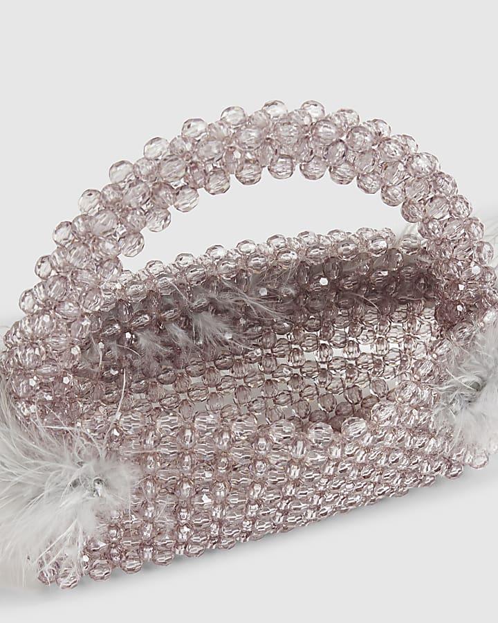 river island Grey Beaded Feather Trim Clutch Bag