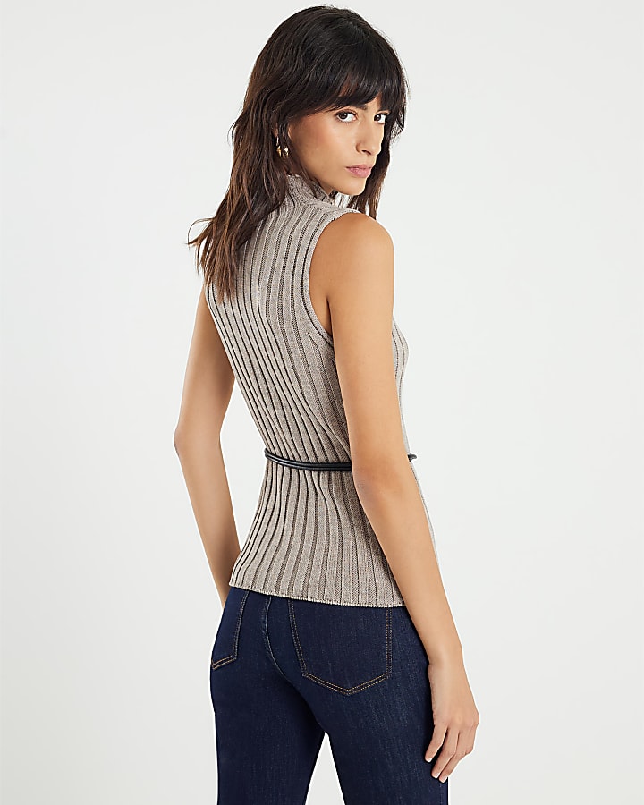 River Island Grey Belted Knit Ribbed Tank Top