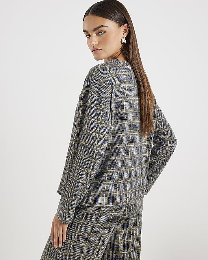 river island Grey Check Print Cosy Boxy Fit Top