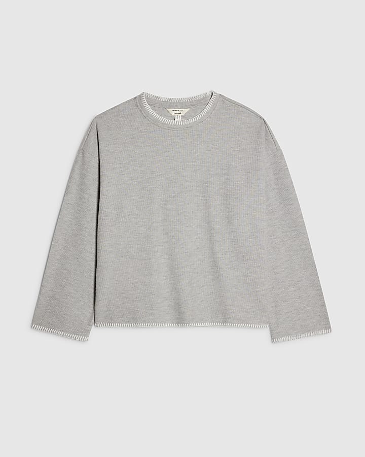 river island Grey Cosy Long Sleeve Whipstitch Top