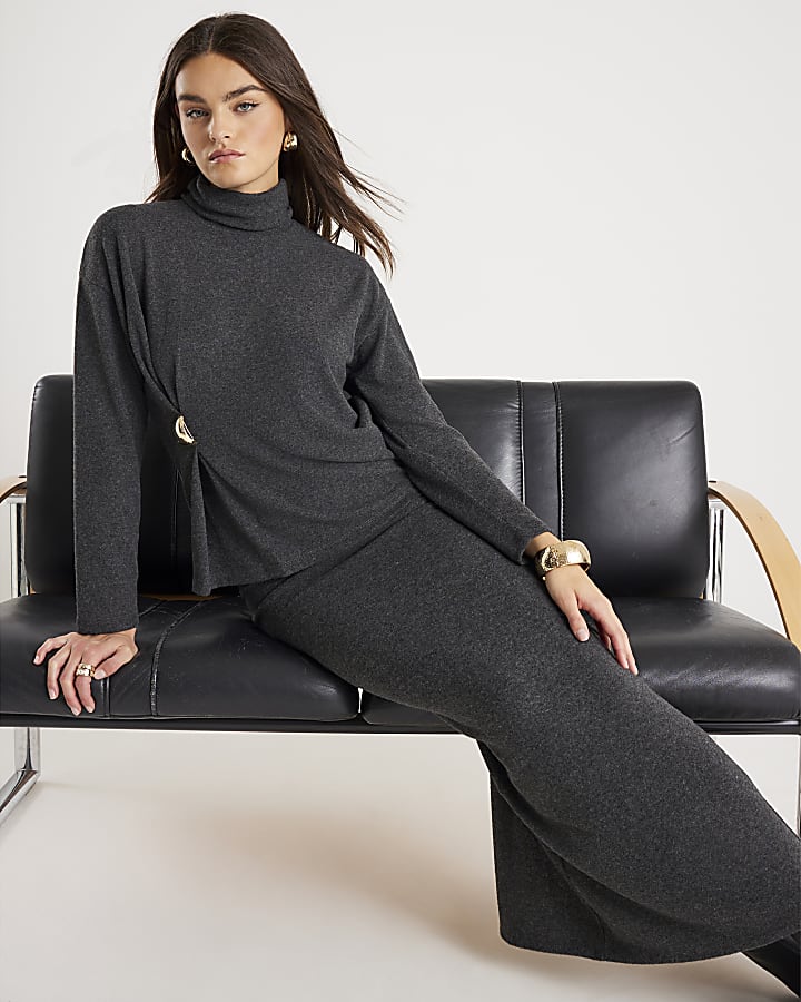 River Island Grey Cosy Midi Skirt
