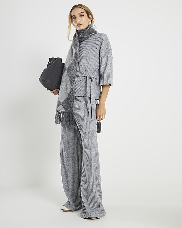 River Island Grey Cosy Ribbed Knot Side Top