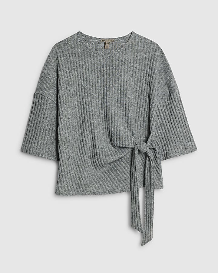 river island Grey Cosy Ribbed Knot Side Top