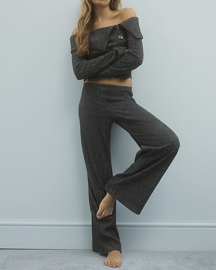 River Island Grey Cosy Ribbed Wide Leg Trousers