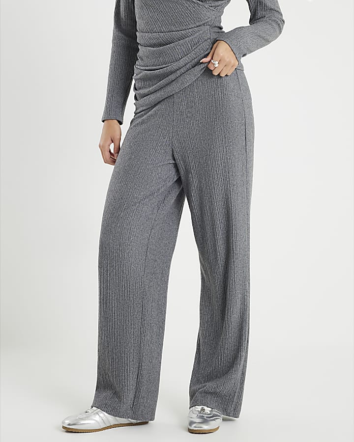 River Island Grey Cosy Ribbed Wide Leg Trousers