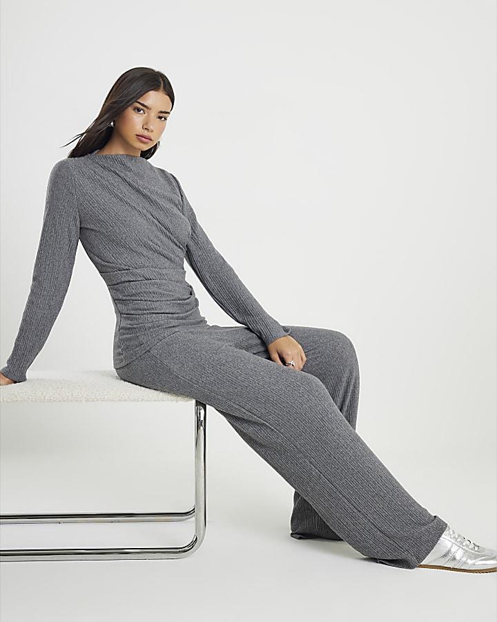 River Island Grey Cosy Ribbed Wide Leg Trousers