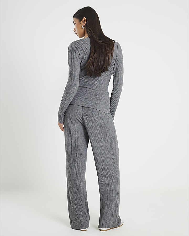 River Island Grey Cosy Ribbed Wide Leg Trousers