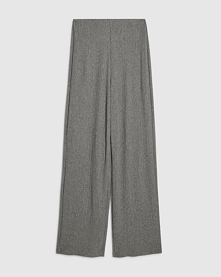 river island Grey Cosy Ribbed Wide Leg Trousers