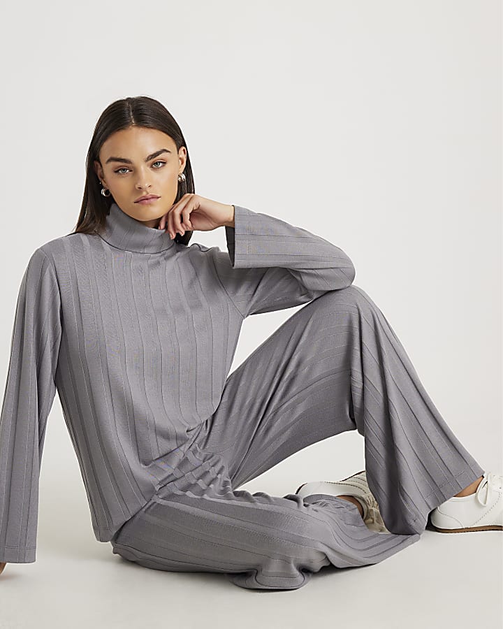 River Island Grey Cosy Wide Ribbed Trousers