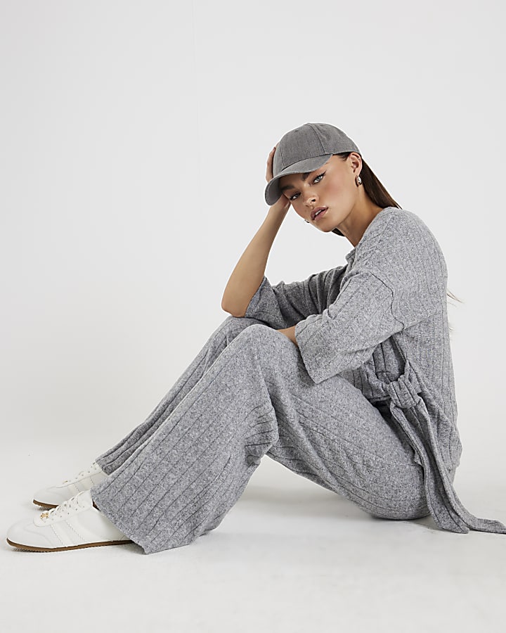 River Island Grey Cosy Wide Ribbed Trousers