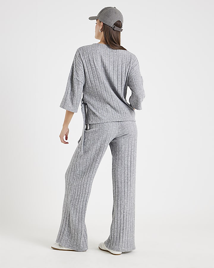 River Island Grey Cosy Wide Ribbed Trousers