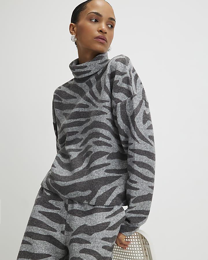 River Island Grey Cosy Zebra Print Long Sleeve Top
