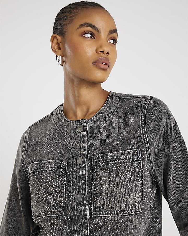 River Island Grey Denim Diamante Trophy Jacket