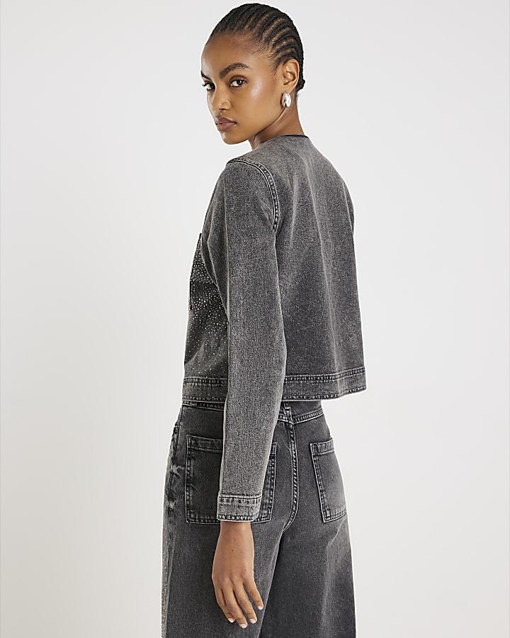 River Island Grey Denim Diamante Trophy Jacket