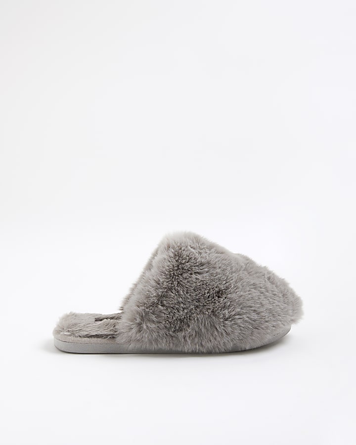 River Island Grey Faux Fur Oversized Mule Slippers