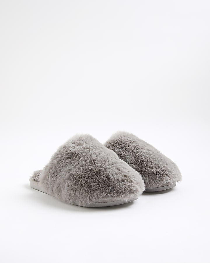 River Island Grey Faux Fur Oversized Mule Slippers