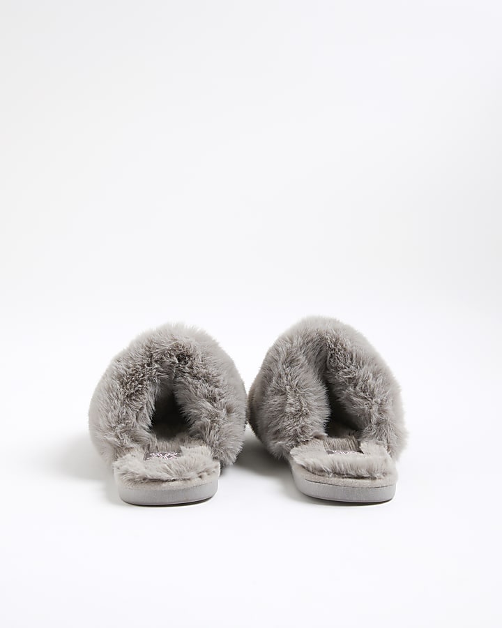 River Island Grey Faux Fur Oversized Mule Slippers