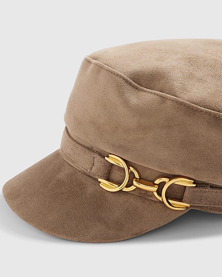 river island Grey Faux Suede Snaffle Baker Boy Hat
