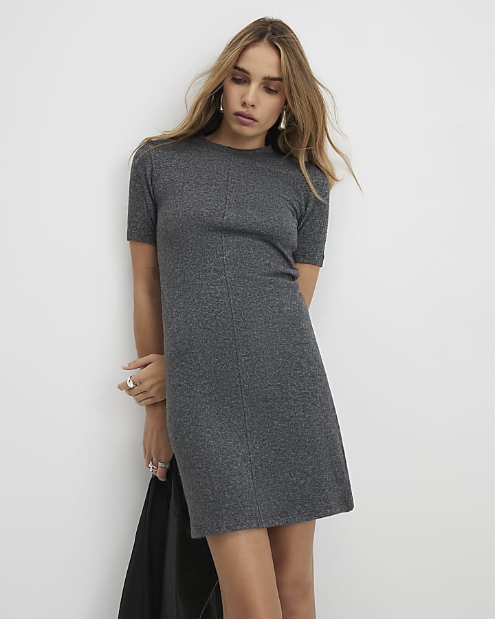 River Island Grey Fitted Cosy Seamed Mini Dress