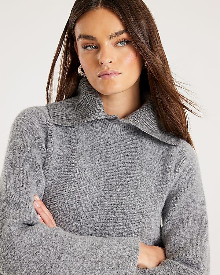 River Island Grey Knit Collared Peplum Jumper