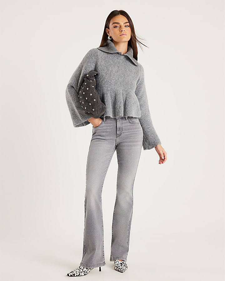 River Island Grey Knit Collared Peplum Jumper