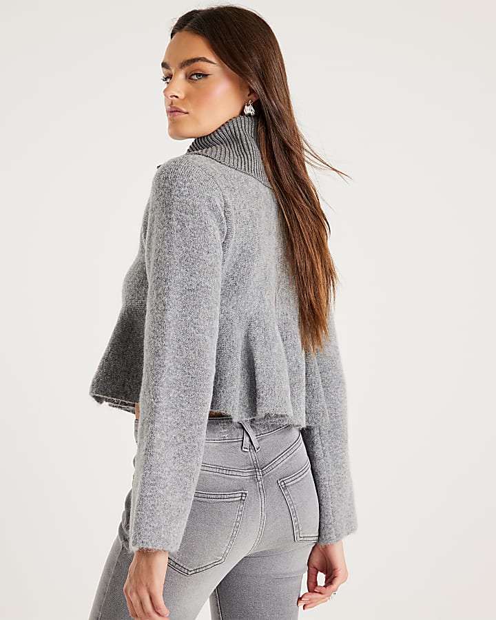 River Island Grey Knit Collared Peplum Jumper