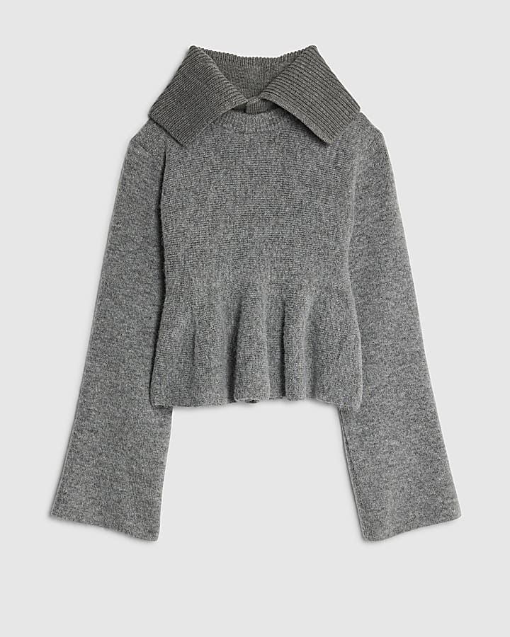river island Grey Knit Collared Peplum Jumper