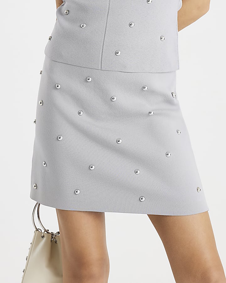 river island Grey Knit Studded Mini Skirt